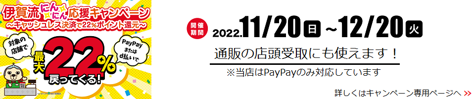 11月20日から12月20日までのキャンペーン。PayPayでのお支払で、最大22％還元！　詳しくはキャンペーン専用ページ（外部サイト）をご確認ください。